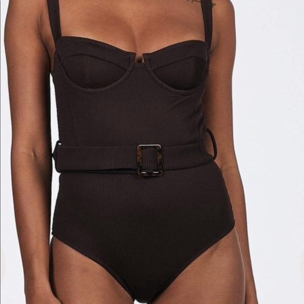 Charlie Holiday Zola Swimsuit One Piece Brown Belted Ribbed Size Small NWOT